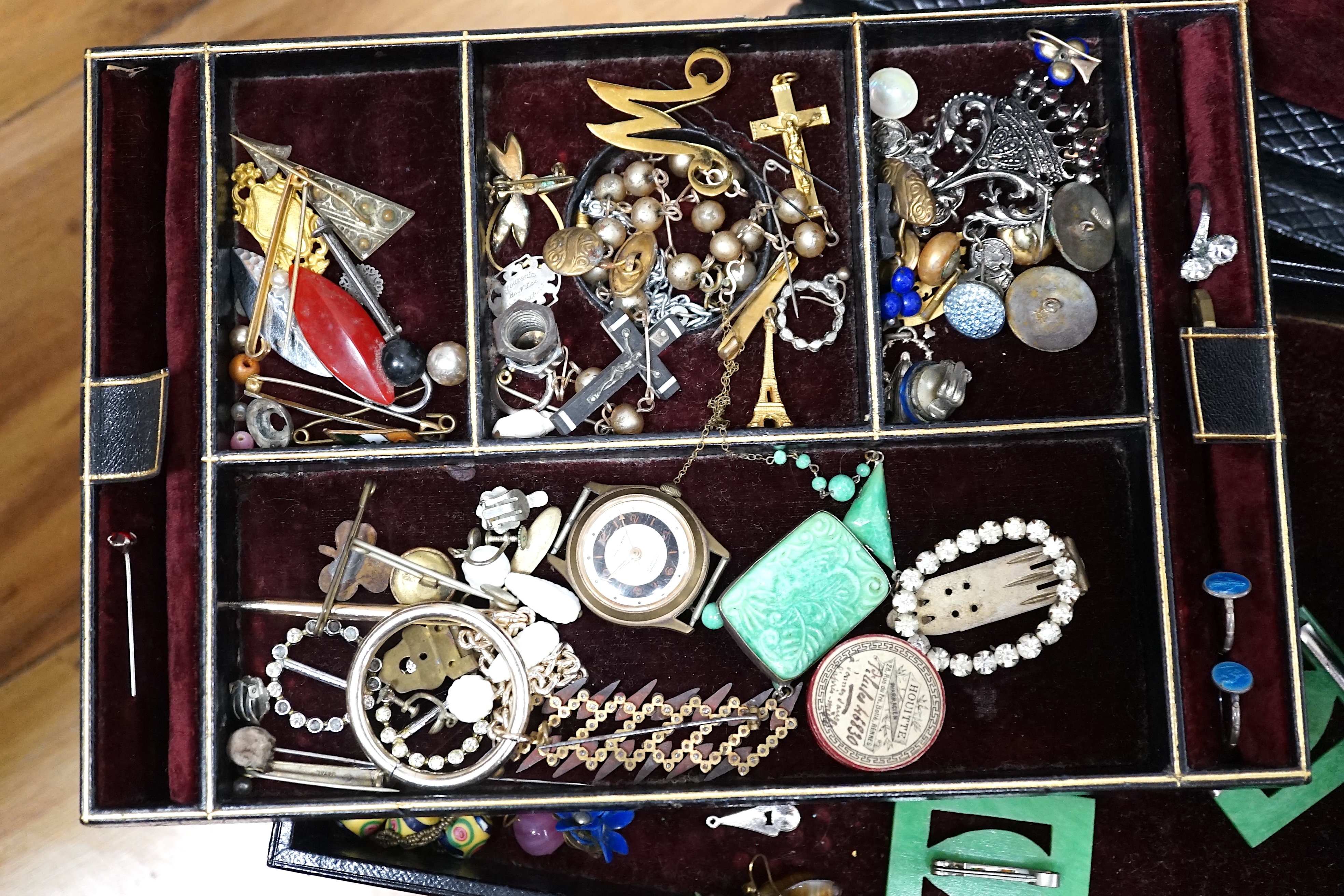 A quantity of assorted 19th century and mainly later costume jewellery and other items including folding tortoiseshell lorgnettes, antimony box, fob seal, silver and hardstone anchor brooch, white metal and enamel rings,